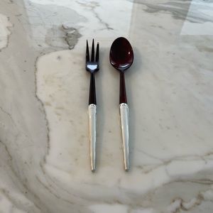 VINTAGE WEB STERLING & LACQUERED WOOD FORK & SPOON SERVERS